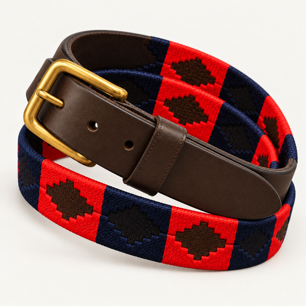 Coiled red and navy handmade handwoven gaucho polo belt showing geometric stitching, brown leather and brass buckle from an alternate angle.
