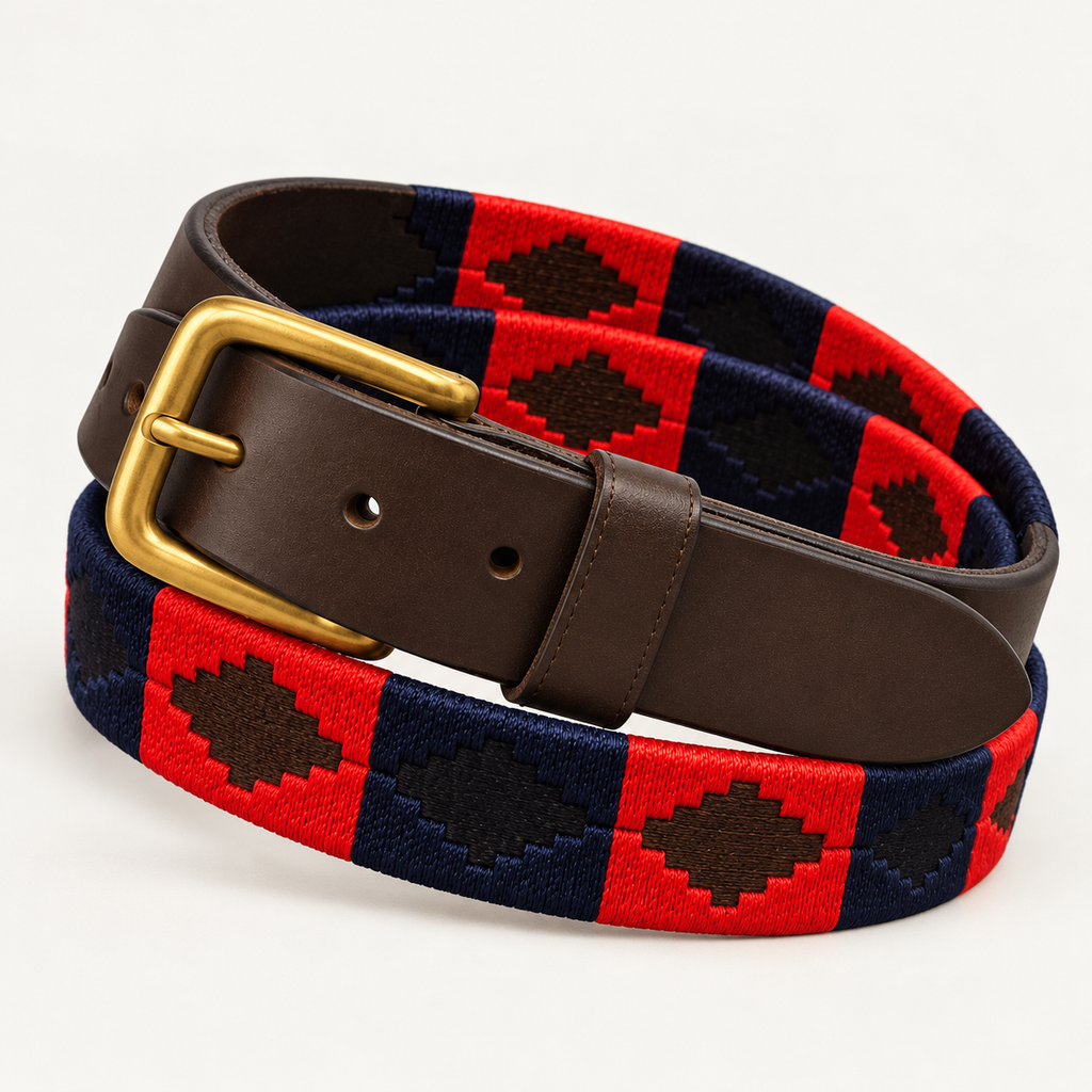 Red and navy handmade handwoven gaucho polo belt with brown leather and brass buckle, coiled front view.